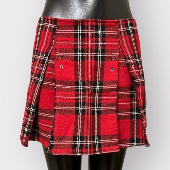 Super Low Fat Vintage 90s School Girl Plaid Mini Skirt Pleated Punk Red Academia - Picture 2 of 8